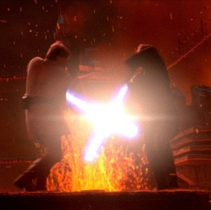 Obi-Wan Kenobi battles Anakin Skywalker, now Darth Vader, on the planet Mustafar in 'Star Wars: Episode III, Revenge of the Sith'