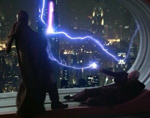 Mace Windu versus Chancellor Palpatine (aka Darth Sidious) in 'Star Wars: Episode III, Revenge of the Sith'