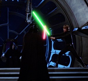 Luke Skywalker fights Darth Vader as Emperor Palpatine looks on.